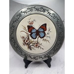 Vintage Pewter & Ceramic Blue Butterfly Trivet by Cast Craft, Columbia, PA